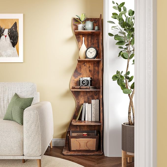 LITTLE TREE 70-Inch Corner Shelf, Seaweed Shaped Etagere Display Bookshelf, Freestanding 5-Tier Wall Shelves for Small Spaces, Living Room, Bedroom, Rustic, 1 Pack