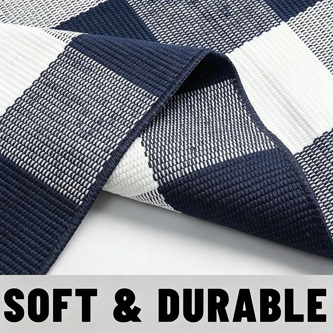 Buffalo Plaid Outdoor Rug 3x5 Ft Navy Blue and White Checkered Area Rug Washable Doormats Indoor Outdoor Rugs for Layered Front Door Mats, Porch, Entryway, Kitchen, Farmhouse