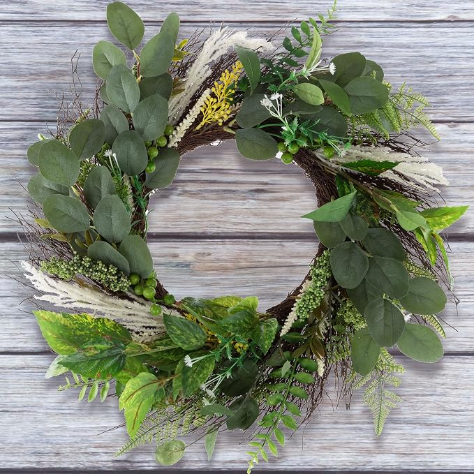 Sweet Anne Eucalyptus Wreath Set - Two 22-Inch Artificial Spring, Summer, or Fall Wreaths for Home Decor - Indoor Decor by Pure Garden