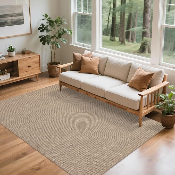 Easy Jute Rug for Pet Homes: 8x10 Outdoor Rug - Swirl Curved Pattern | Washable Design Cuts Your Cleaning Time by 75% and Maintain Shape and Texture after 50 Washes