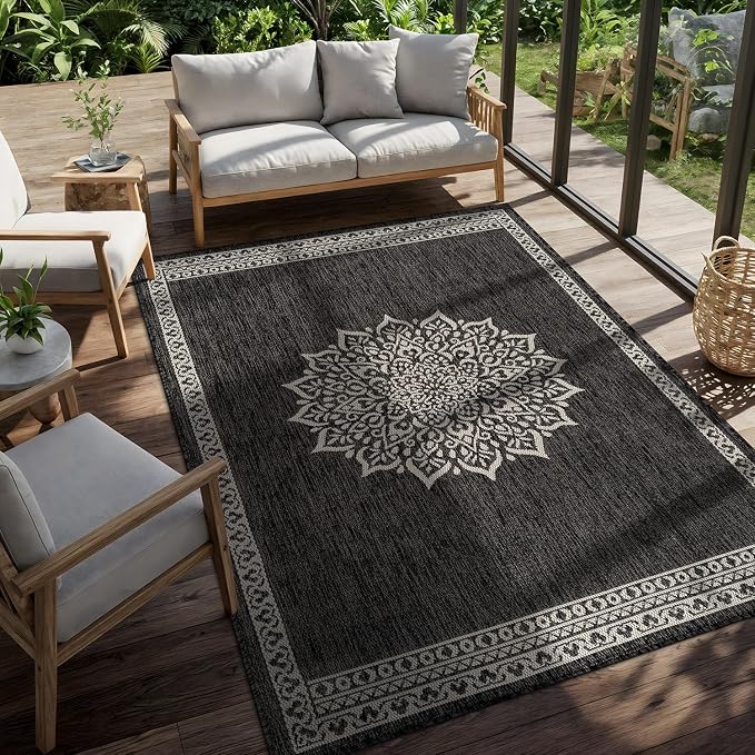 CAMILSON Outdoor Rug 5x7 Medallion Darkgray Modern Area Rugs for Indoor and Outdoor Patios Kitchen and Hallway Mats Washable Porch Deck Outside Carpet (Medallion Darkgray 5 x 7)
