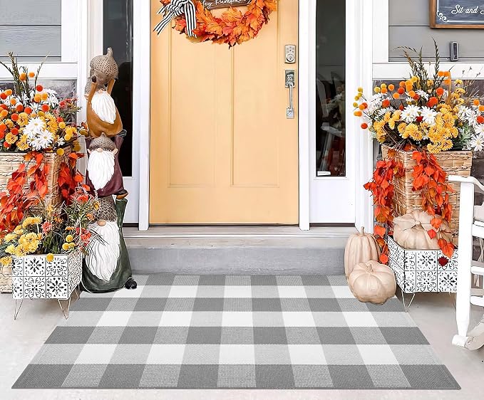 Grey and White Plaid Rug 27.5''x 43.3''Buffalo Checkered Outdoor Layered Door Mat Cotton Woven Machine Washable Farmhouse Mat for Indoor,Outdoor, Kitchen, Farmhouse, Entryway,Bathroom