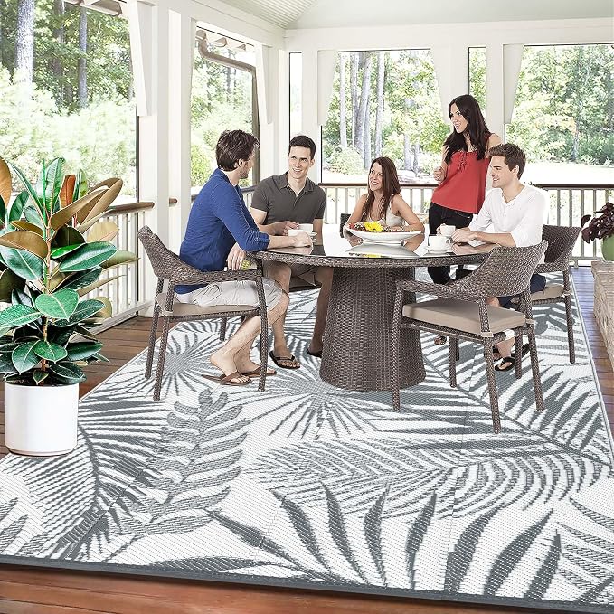 Outdoor Reversible Plastic Straw Rug, 9'x12', Cool Gray, Large Patio Mat for RV, Backyard, Deck, Picnic, Beach, Trailer, Camping