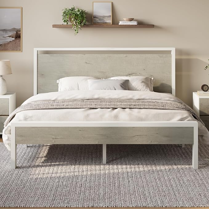 Allewie King Size Bed Frame, Heavy Duty 12 Metal Slats Support, White | Wooden Headboard and Footboard, Modern Platform Bed, No Box Spring Needed, Under-Bed Storage, Noise Free, Easy Assembly