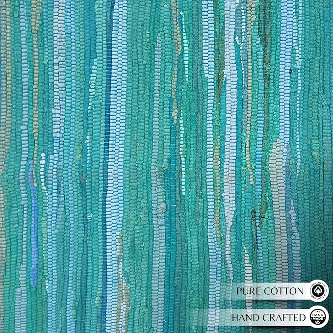 Ramanta Home Hand Woven 100% Cotton Chindi Rag Rug 2'x3' - Teal, Recycled Reversible Rug, Boho Farmhouse Rugs for Living Room, Dinning Room, Kitchen, Entryway, Bedroom Rugs - 24"x36"