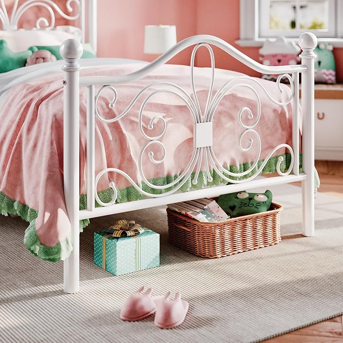 SHA CERLIN Twin Size Metal Bed Frame with Butterfly Headboard, White | Metal Platform Bed for Kids, Wrought Iron-Art Headboard/Footboard, Under-Bed Storage, No Box Spring Needed, Easy Assembly