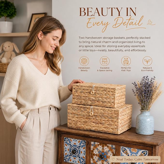 LUSYDECO Set of 3 Wicker Storage Baskets with Lid, Large Rectangular Rattan Basket Decorative Boxes, Natural Water Hyacinth Wicker Basket for Shelf Organizer, Nursery Room