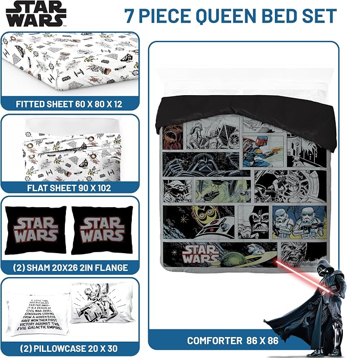 Star Wars Queen Comforter Set 7 Piece Soft Bedding for Boys, Multi | Darth Vader Yoda, Bed in a Bag, Comforter Sheets Shams Pillowcases, Soft Microfiber, Machine Washable, Boys Gift