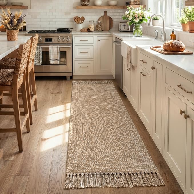 Collive 2' x 6' Kitchen Runner Rug, Modern Farmhouse Washable Bathroom Mat, Boho Hand-Woven Hallway Runner Rugs Tan Reversible Bedroom Carpet for Laundry Entryway Home Decor