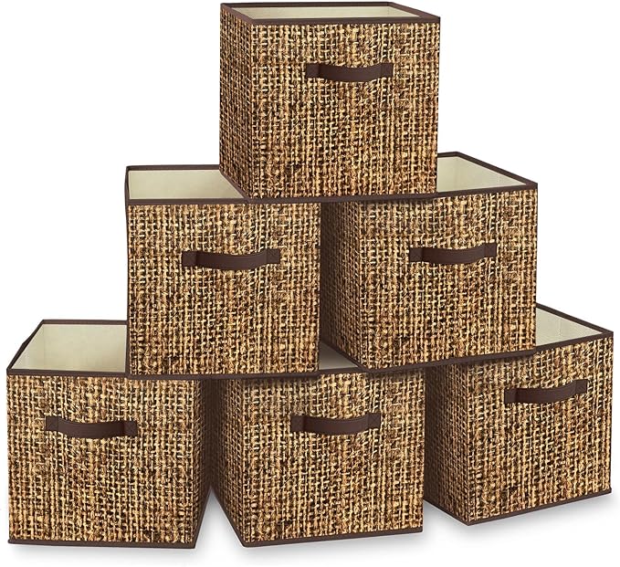 homyfort 12x12 Cube Storage Bins - Fabric Cubby Bins with Dual Handles, Collapsible Storage Organizer for Shelf, Closet, Nursery, Set of 6 （PRINTING instead of Rattan Weaving）