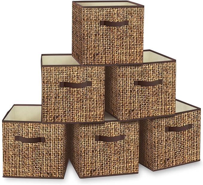 homyfort 11x11 Cube Storage Bins - Fabric Cubby Bins with Dual Handles, Collapsible Storage Organizer for Shelf, Closet, Nursery, Set of 6 (PRINTING instead of Real Rattan Weaving)