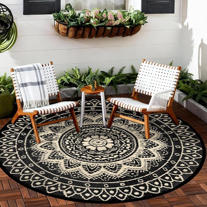 Round Outdoor Rugs for Patios, 6Ft Waterproof Reversible Plastic Straw Mat with Carry Bags, Boho Lightweight Outdoor Carpet Portable Round Floor Mat for Patio Camping Picnic Backyard RV,Black Camel