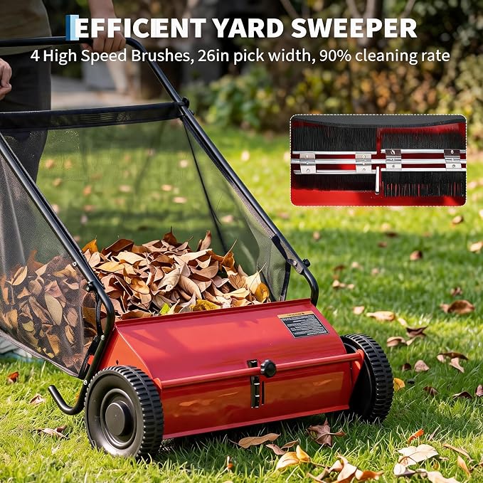 Heavy Duty 26-Inch Push Lawn Sweeper – 4 High-Speed Spinning Brushes | Sturdy Steel Frame, 7 Cu. Ft. Removable lawn mower, Walk-Behind Leaf & Grass Collector for Yard, Garden, Driveway – Color: