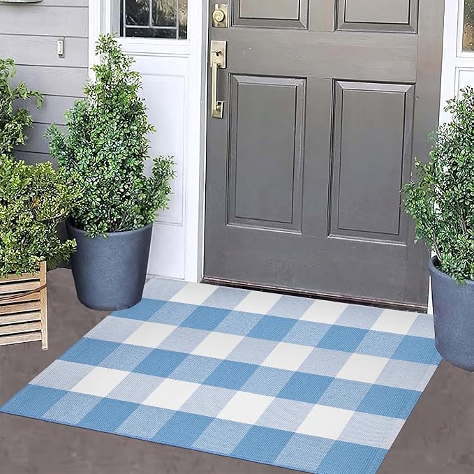 Light Blue and White Outdoor Rug 24''x35'' Buffalo Plaid Porch Mat Cotton Woven Washable Carpet for Layered Doormat Hello/Welcome Door Mat,Kitchen,Farmhouse,Entryway
