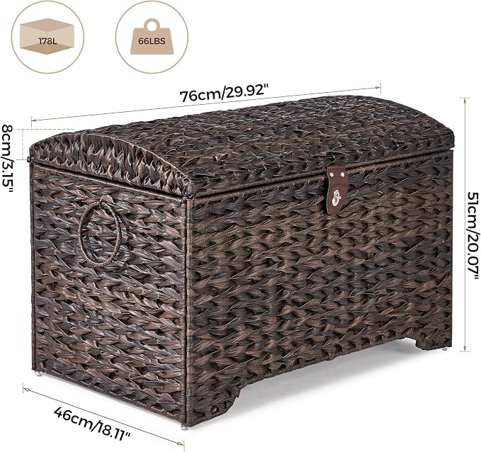 178L Handwoven Wicker Storage Basket with Lid, Large Storage Trunk | Leather Buckle Closure; Waterproof PP Wicker; Large Metal Ring Handles; Reinforced Steel Frame
