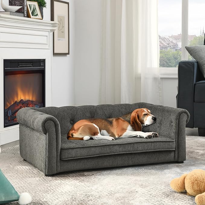 38.9" Upholstery Elevated Dog Sofa with Button‑Tufted Backrest & Rolled Armrests, Pet Couch Bed with Removable Soft Cushion, Comfy Modern Deep Seat Raised Dog Bed for Living Room, Bedroom,Dark Grey