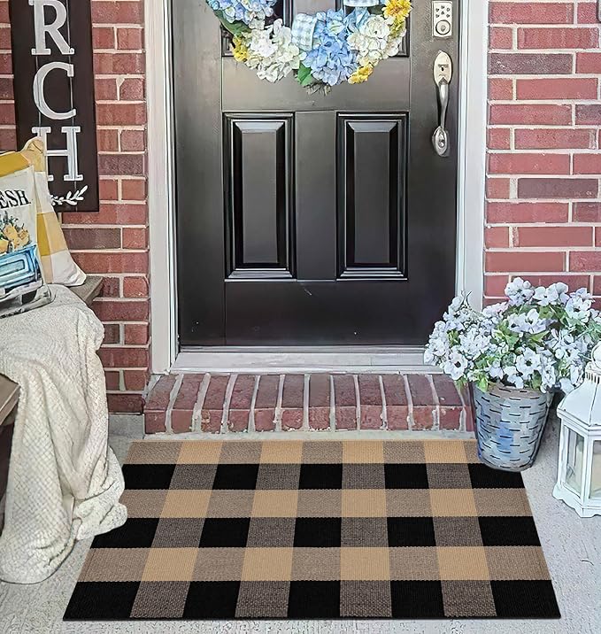Checkered Front Door Mat Outdoor 24''x35''Buffalo Plaid Outdoor Rug Cotton Washable Layered Doormat for Bedroom,Bathroom,Farmhouse,Entryway,Home Entrance