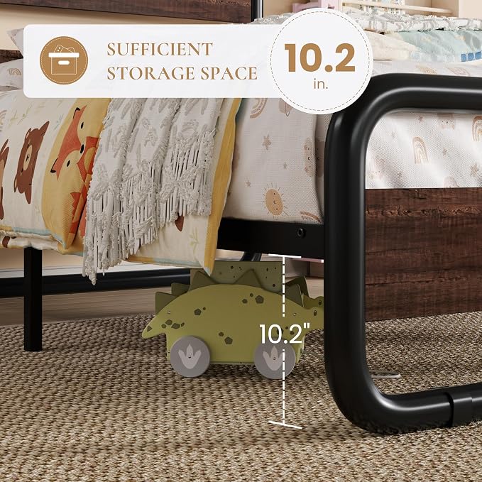 SHA CERLIN Twin Size Metal Bed Frame with Wooden Headboard and Footboard, Heavy Duty Oval-Shaped Platform Bed Frame with 10" Under-Bed Storage, Heavy Duty Slats Support, No Box Spring Needed, Mahogany