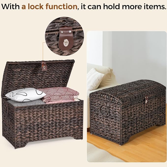 178L Handwoven Wicker Storage Basket with Lid, Large Storage Trunk | Leather Buckle Closure; Waterproof PP Wicker; Large Metal Ring Handles; Reinforced Steel Frame