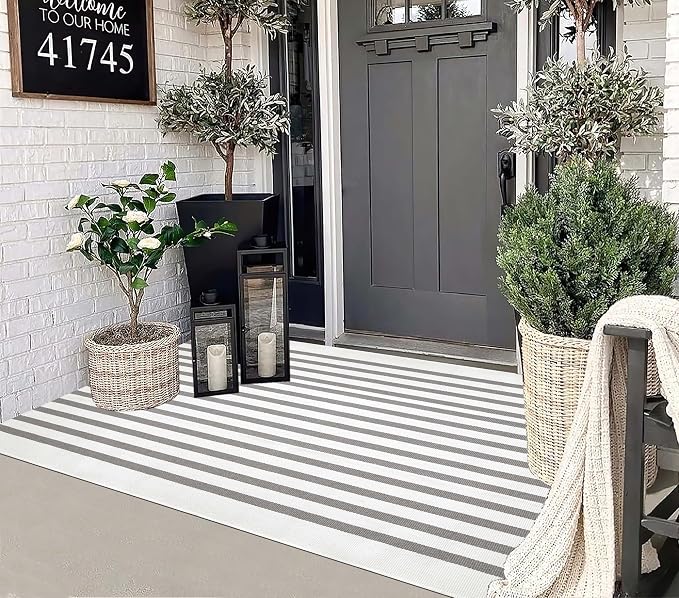 3'x5'Outdoor Rug,Striped Cotton Woven Washable Front Porch Rug Farmhouse Entry Rug Indoor Outdoor Area Rug for Porch/Home Entrace Decor/Bedroom/Layered Door Mats