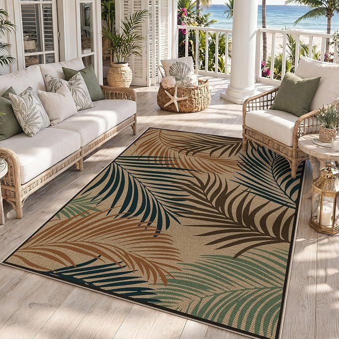 Tribesigns 5x7 Blue Green Coastal Easy Jute Patio Area Rug for Living Room | Washable, Non-Slip Coastal Leaf Design for Bedroom, Dining Room, Office and Indoor Outdoor Spaces, Includes 4 Rug Grippers