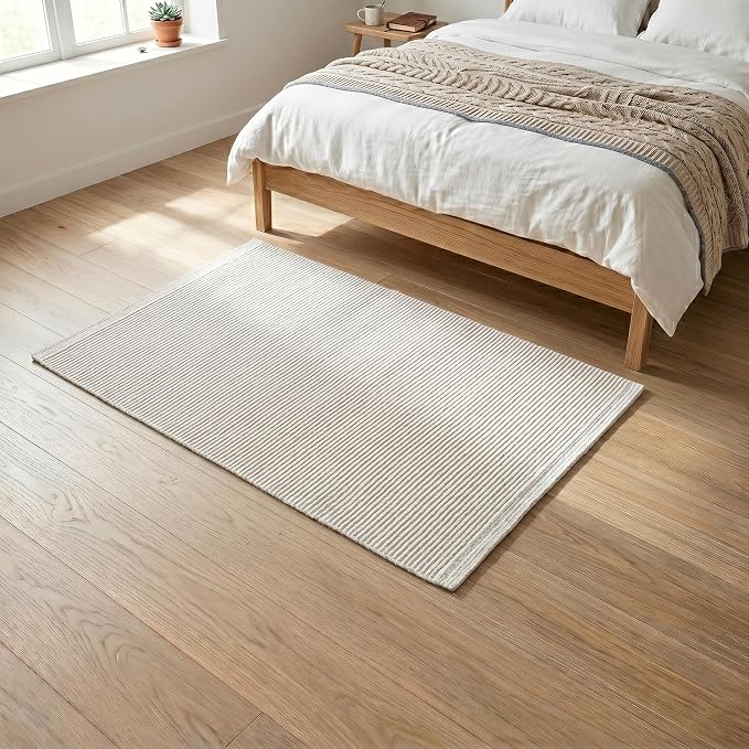 THE BEER VALLEY Hand Woven Area Rug 3x5 Feet - Ivory | Non Slip Indoor Outdoor Kitchen Large Rugs for Living Room, Washable Low Profile Patio Carpet