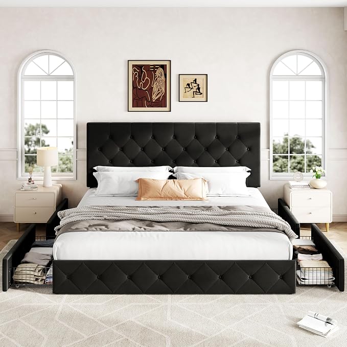 Allewie Upholstered King Size Platform Bed Frame with 4 Storage Drawers and Adjustable Headboard, Diamond Button Tufted, Wooden Slats Support, Noise-Free, No Box Spring Needed, Easy Assembly, Black