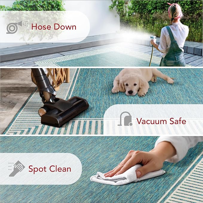 Nuloom Asha Teal/Ivory, 9'6" x 12', Casual, Striped Border, Soft and Cozy, High Traffic, Easy Clean, Durable Area Rug for Indoor/Outdoor Patio, Deck, Porch, Garden, Courtyard