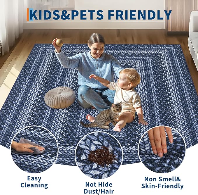 Garvee Easy Jute 4x6 Outdoor Rug Washable Non Slip Braided-Print Neutral Rugs for Living Room Ultra-Thin Non-Shedding Foldable Carpet Indoor Outdoor Farmhouse Rug for Bedroom Kitchen Porch Navy Blue