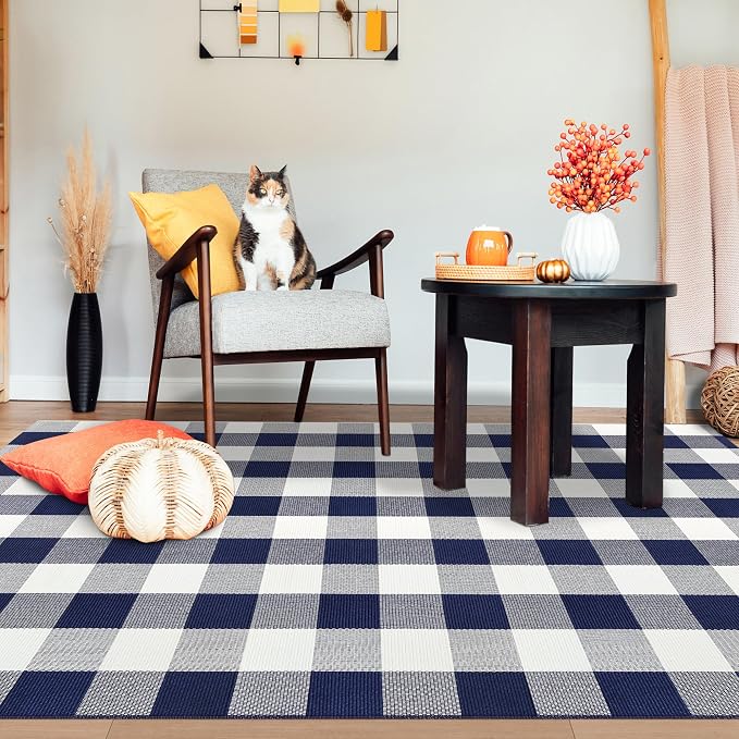 Buffalo Plaid Outdoor Patio Rug 4x6 Feet Buffalo Check Rug Cotton Woven Navy and White Checkered Outdoor Indoor Rug Washable Carpet for Living Room Dining Room Bedroom Farmhouse