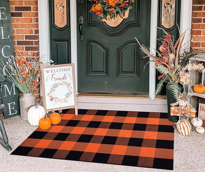 Fall Layered Doormat 27.5 x 43 inch,Orange and Black Plaid Rug Cotton Woven Washable Front Door Mat Outdoor Checkered Area Rug for Porch,Entryway,Farmhouse,Halloween,Indoor,Outdoor