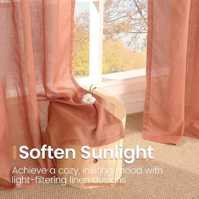 BGment Rust Terracotta Linen Curtains 45 Inch Length, Burnt Orange Semi Sheer Drapes for Bathroom Short Living Room Windows Lightweight with Rod Pocket, 2 Panels Set, Each 42 Inch Wide