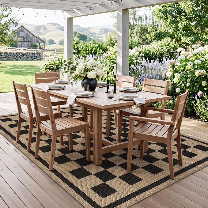 Tribesigns 5x7 Black Checkered Easy Jute Outdoor Patio Rug for Backyard | Washable, Non-Slip Geometric Rug for Living Room, Porch, Dining Area, Rv and Indoor Outdoor Use, Includes 4 Rug Grippers