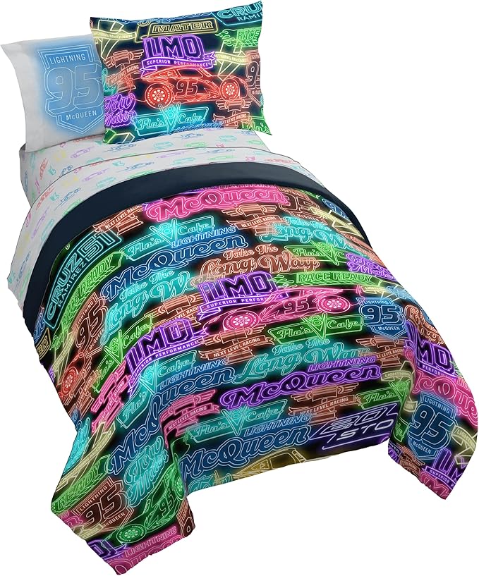 Disney Pixar Cars McQueen Full Size Comforter Set 7 Piece Bedding, Black | Racecar, Kids Bed in a Bag, Comforter Sheets Shams Pillowcases, Official Product, Microfiber, Machine Washable, Boys Gift
