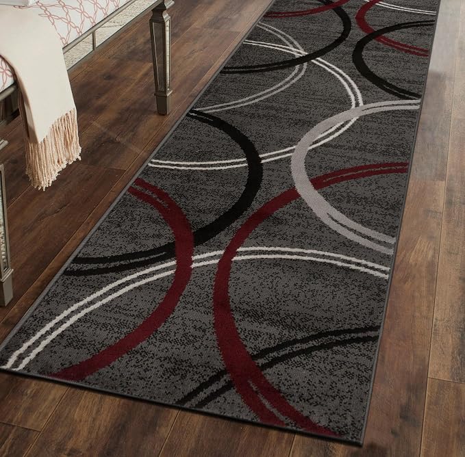 Rugshop Wavy Circles Modern Non-Shedding Runner Rug Red 2' x 10' | Runner, Size 2' x 10', Living Room, Bedroom, Dining Room, Home Office, Kitchen, Entryway, Hallway, Nursery, Kids Room