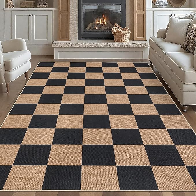 GarveeHome 9x12 Checkered Easy Jute Rugs for Bedroom Machine Washable Large Rugs Non-Slip Backing Modern Neutral Stain Resistance Carpets for Farmhouse Patio Dining Room Backyard Black Tan