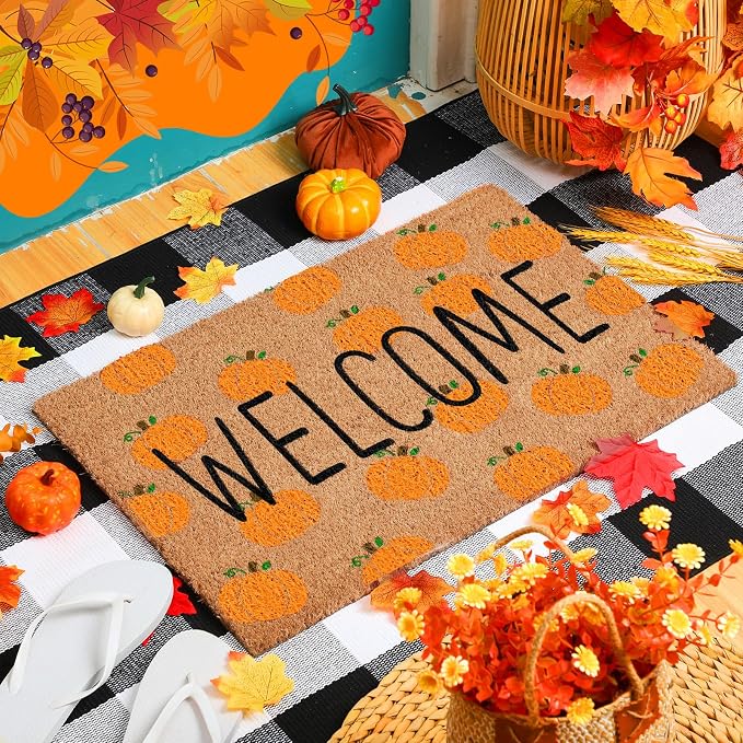 Moucuny 2 Pcs Fall Coir Doormat Outdoor Fall Pumpkin Welcome Outdoor Rugs for Layered Buffalo Black White Plaid Mats for Autumn Thanksgiving Front Door Porch Entryway Decor