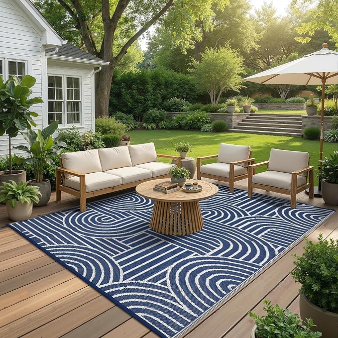 Garvee Reversible Rainbow Outdoor Rug 8x10, Waterproof Outdoor Plastic Straw Rug, RV Mat for Picnics, Patio, Camping, Balcony, Deck, Backyard, Porch, Blue