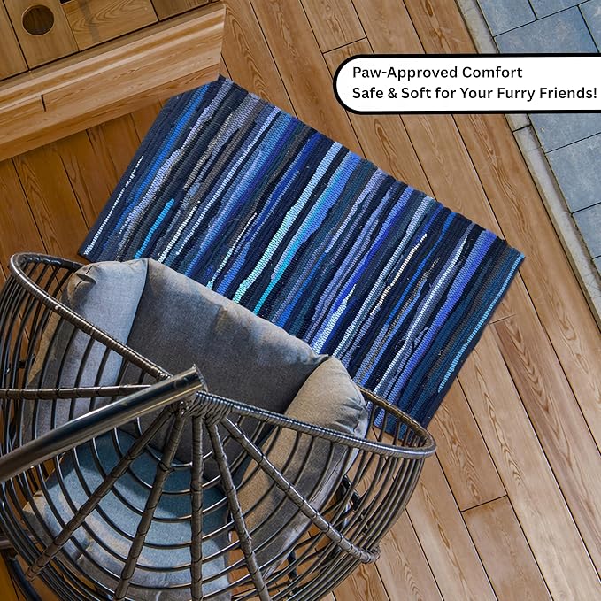 Ramanta Home Cotton Rag Rug 2'x3' - Navy, Braided Recycled Rugs for High Traffic Area, Boho Farmhouse Rug for Living Room, Kitchen, Entryway Bedroom Floor Mat - 24"x36"
