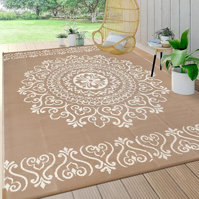 Pauwer Outdoor Rug 6x9, Waterproof Plastic Straw Camping Rug, Floral Brown | Reversible Patio Rug, UV Resistant Indoor Outdoor RV Mat Carpet For Deck, Camper, Porch, Balcony, Backyard, Picnic, Foldable