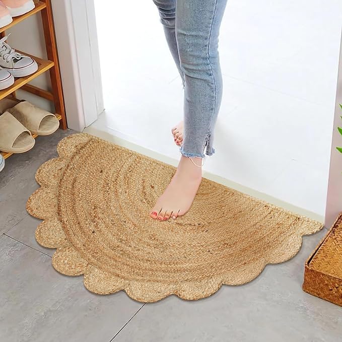 Boho Braided 1.5x3 Area Rug - Jute Natural Fiber Semi Circle Scalloped Rug for Living Room Entryway, Farmhouse, Home, Indoor Rugs Jute Door mat for Bathroom 18 x 36 inch (Natural, 1.5 X 3 ft)