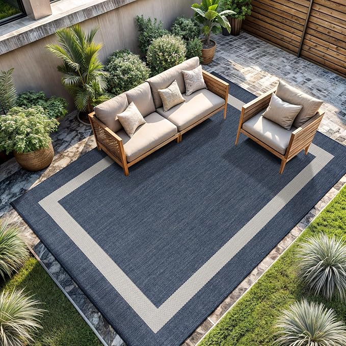 CAMILSON Outdoor Rug 9x12, Large Modern Outside Rugs for Patios Porches Waterproof Durable Washable Non-Shedding, Easy-to-Clean Indoor Outdoor Area Carpet (9 x 12, Bordered - Blue/White)