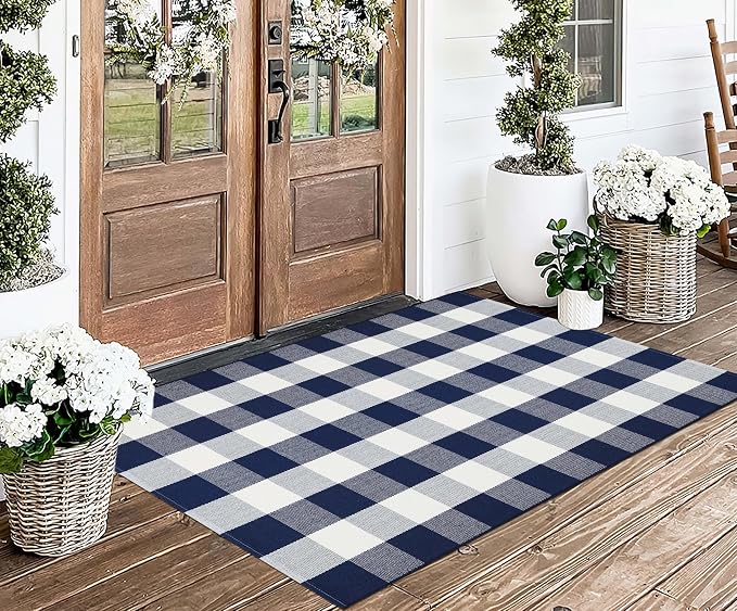 Blue and White Outdoor Rug 3'X 5' Buffalo Plaid Porch Rug Cotton Woven Washable Indoor Outdoor Area Rug for Welcome Door Mat Front Porch Entryway Bedroom Living Room