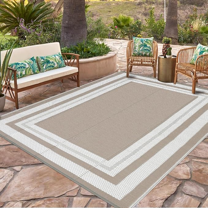 Reversible Outdoor Rug 10x14ft Waterproof Lightweight Plastic Straw Patio Carpet Easy Clean Perfect for Porch RV Deck Picnic Backyard Camping Gray/White