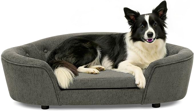 Dog Couch Bed with Oval Semi-Enclosed, Durable Linen Material Pet Sofa Couch with Soft Foam Cushion, Dog Sofa Bed with Legs for Medium Dogs, Dark Grey
