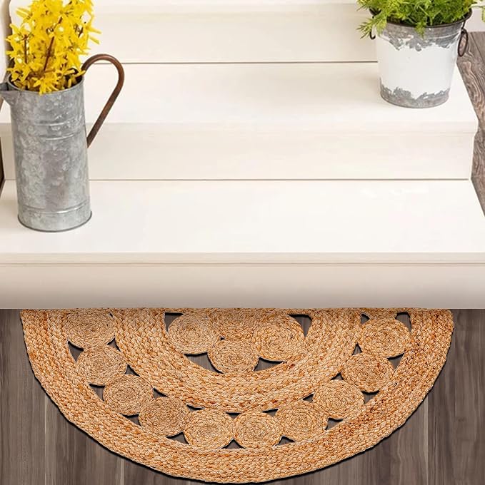 Boho Braided 1.5x3 Area Rug - Jute Natural Fiber Half Round Rug for Living Room Entryway, Farmhouse, Home, Indoor Rugs Jute Door mat for Bathroom, Kitchen (1.5 X 3 ft)