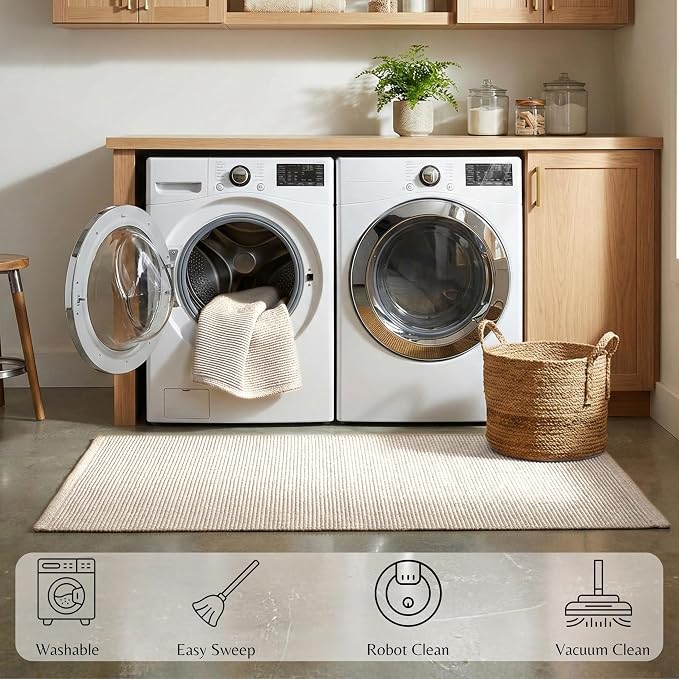 THE BEER VALLEY Woven Kitchen Runner Rug 2x6 Feet - Ivory | Non Slip Outdoor Long Entry Door Runners for Hallways, Washable Indoor Bathroom Low Profile Cream Rugs