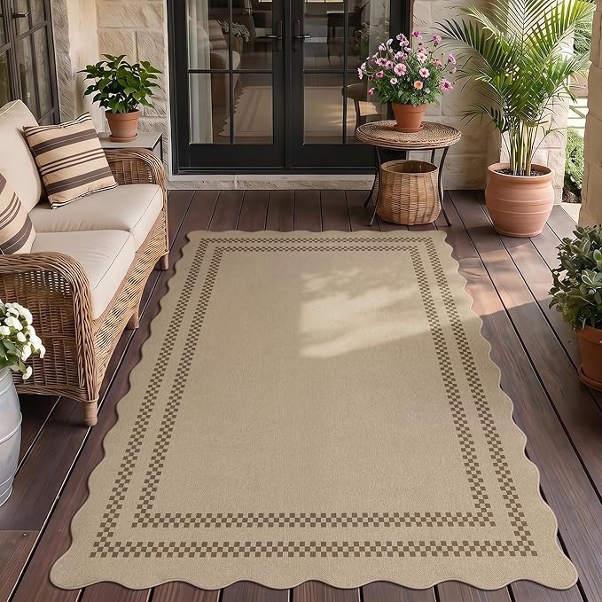 Tribesigns Scalloped Easy Jute Washable Area Rugs 5x7 for Living Room, Tan/Checkered Indoor Outdoor Patio Rugs for Bedroom, Geometric Dining Room Carpet for Backyard Office