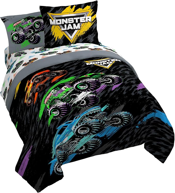Monster Jam Trucks Queen Comforter Set 7 Piece Kids Bedding for Boys, Black | Grave Digger Megalodon, Comforter Sheets Shams Pillowcases, Official Product, Soft Microfiber, Machine Washable, Boys Gift