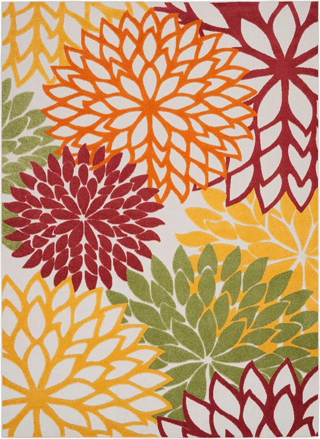Nourison Home Aloha Indoor/Outdoor Red Multi Colored 7' x 10' Area Rug, Tropical, Botanical, Easy Cleaning, Non Shedding, Bed Room, Living Room, Dining Room, Deck, Backyard, Patio (7x10)